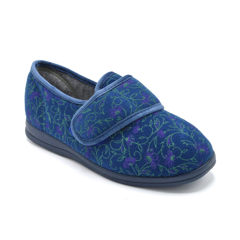 Cosyfeet Holly - Ladies Extra Wide Velcro Close Slipper - Blue â Wide Shoes