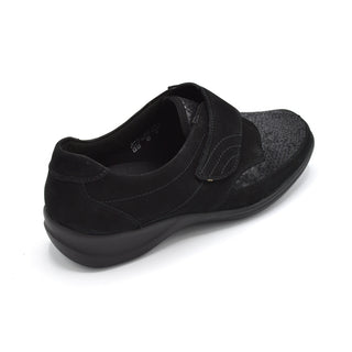 Waldlaufer Millu - Ladies Wide Fit Velcro Close Shoe - 4E Fitting - Black Suede With Stretch Upper